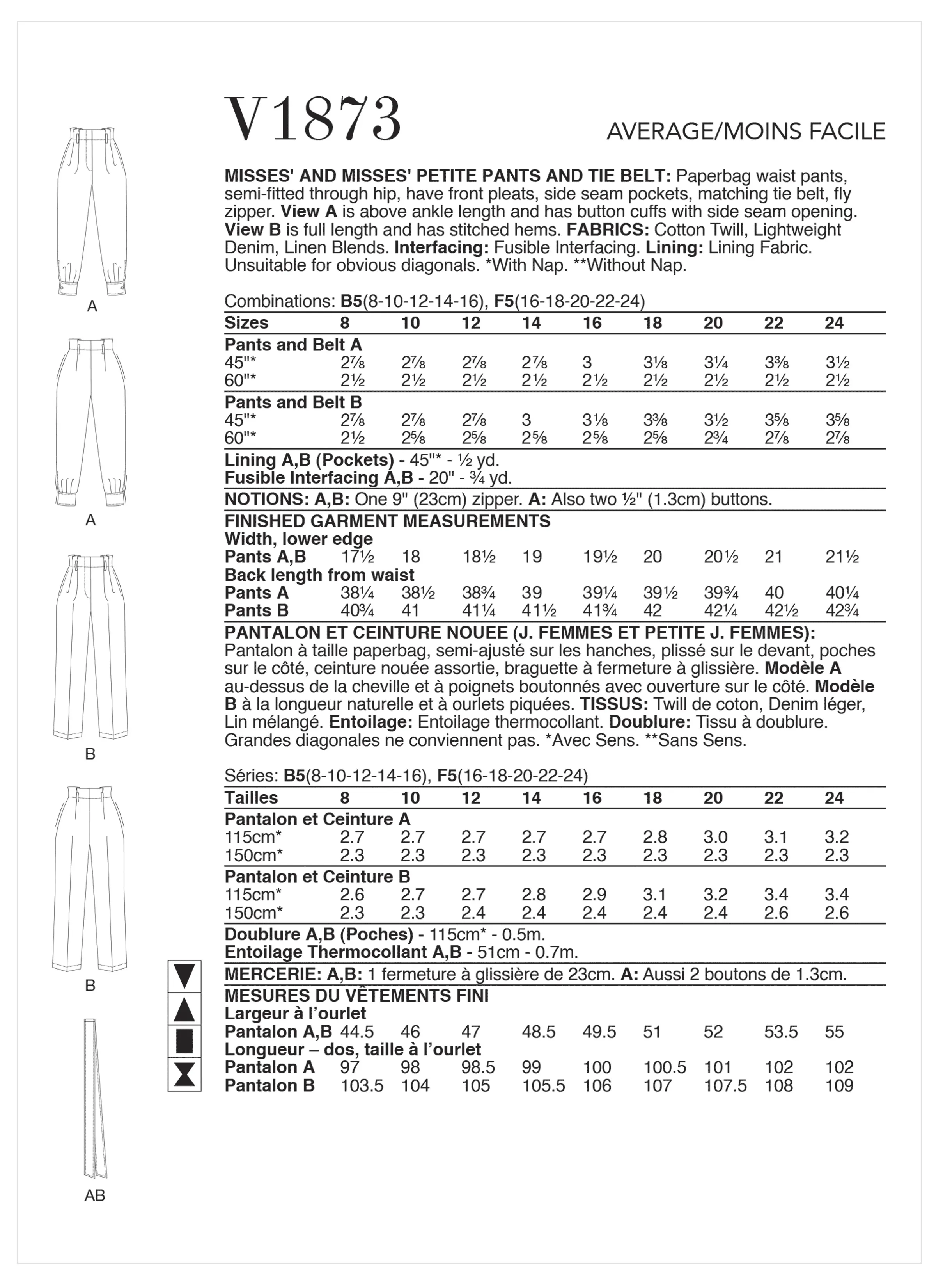 Vogue Sewing Pattern 1873 Misses' and Misses' Petite Pants and Tie Belt