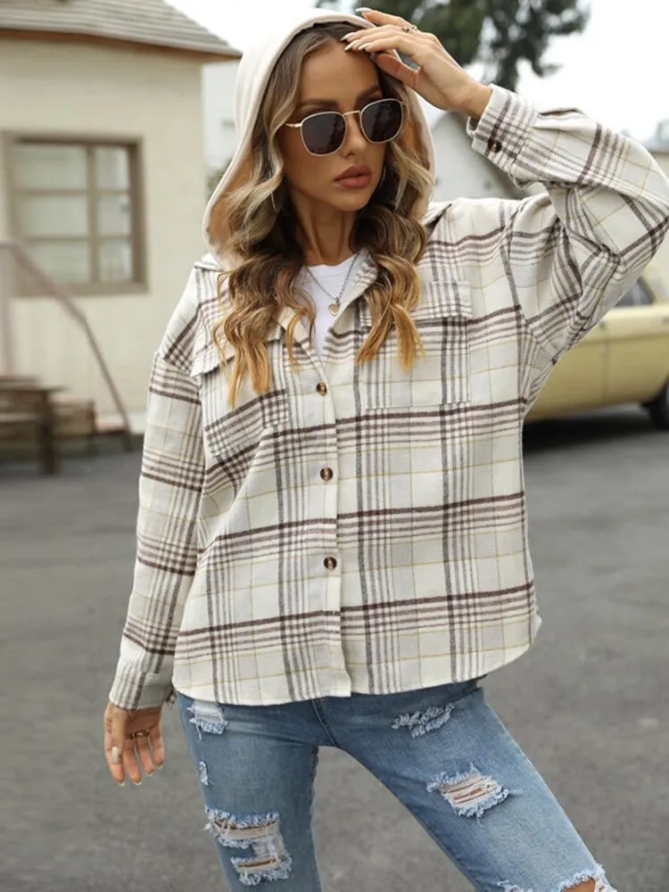 Wenkouban Autumn Plaid Hooded Shirts Women Casual Buttoned Jackets  Vintage Loose Coats Long Sleeve Lapel Tops Female Pockets Outerwears