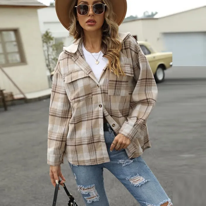 Wenkouban Autumn Plaid Hooded Shirts Women Casual Buttoned Jackets  Vintage Loose Coats Long Sleeve Lapel Tops Female Pockets Outerwears