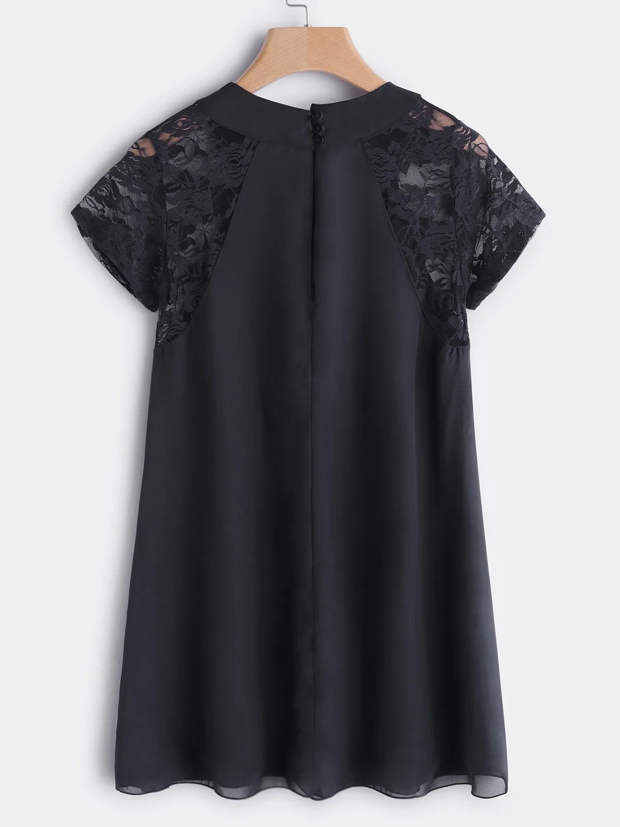 Wholesale Round Neck Lace Short Sleeve Black Chiffon Dresses