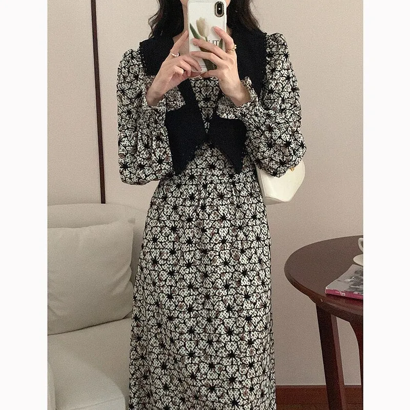 Wjczt 2022 New Floral Chiffon Dresses Women Spring Loose Elegant Doll Collar Dress Female Korean Sweet Puff Sleeve Dresses