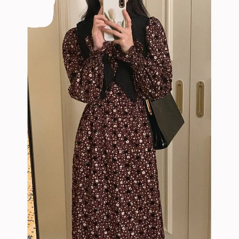 Wjczt 2022 New Floral Chiffon Dresses Women Spring Loose Elegant Doll Collar Dress Female Korean Sweet Puff Sleeve Dresses