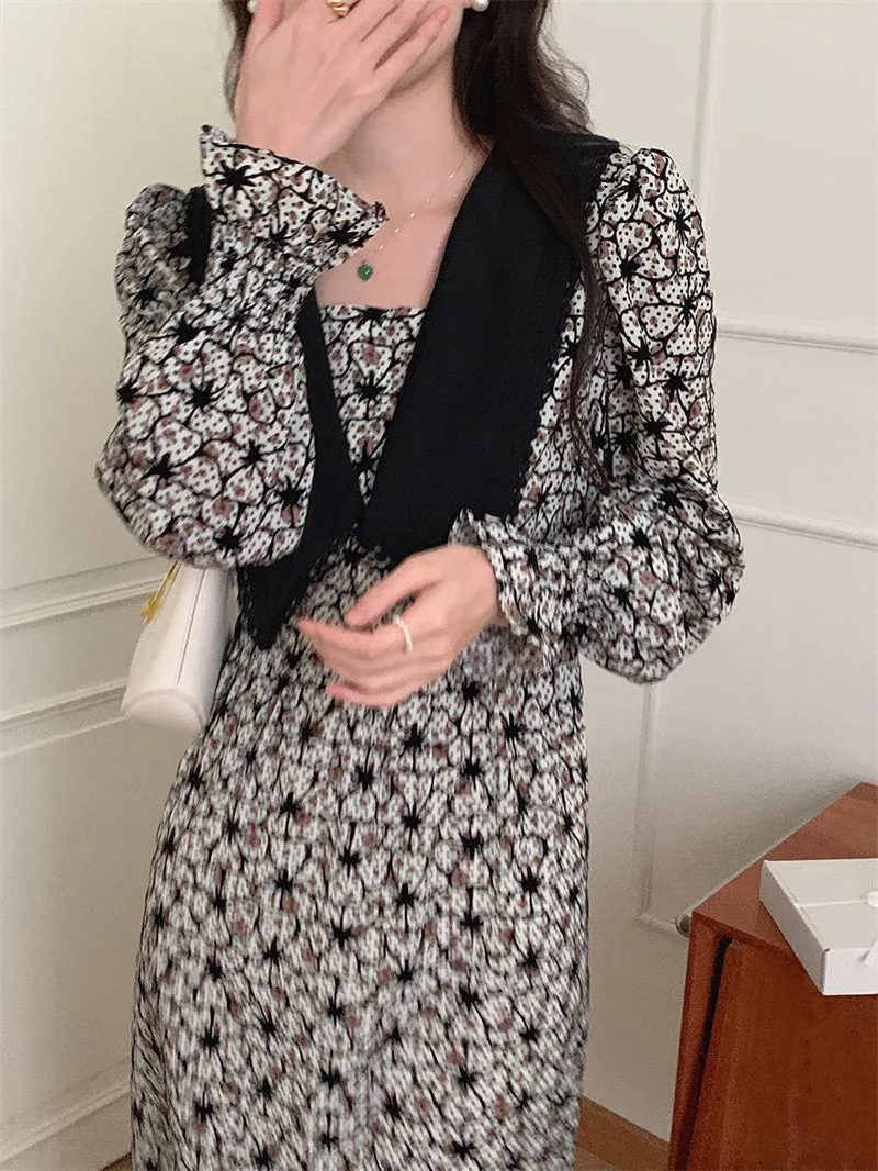 Wjczt 2022 New Floral Chiffon Dresses Women Spring Loose Elegant Doll Collar Dress Female Korean Sweet Puff Sleeve Dresses