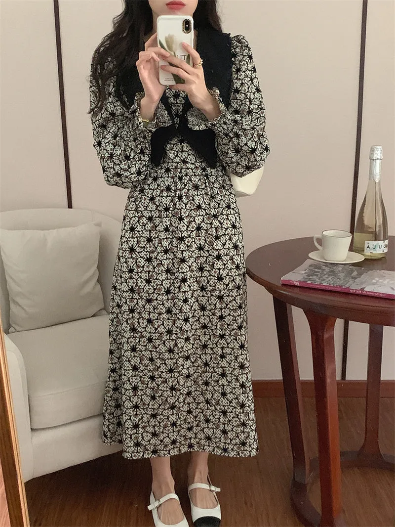 Wjczt 2022 New Floral Chiffon Dresses Women Spring Loose Elegant Doll Collar Dress Female Korean Sweet Puff Sleeve Dresses