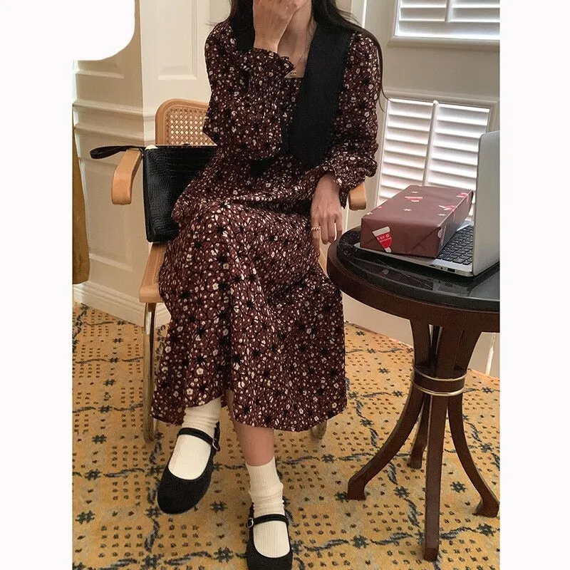 Wjczt 2022 New Floral Chiffon Dresses Women Spring Loose Elegant Doll Collar Dress Female Korean Sweet Puff Sleeve Dresses