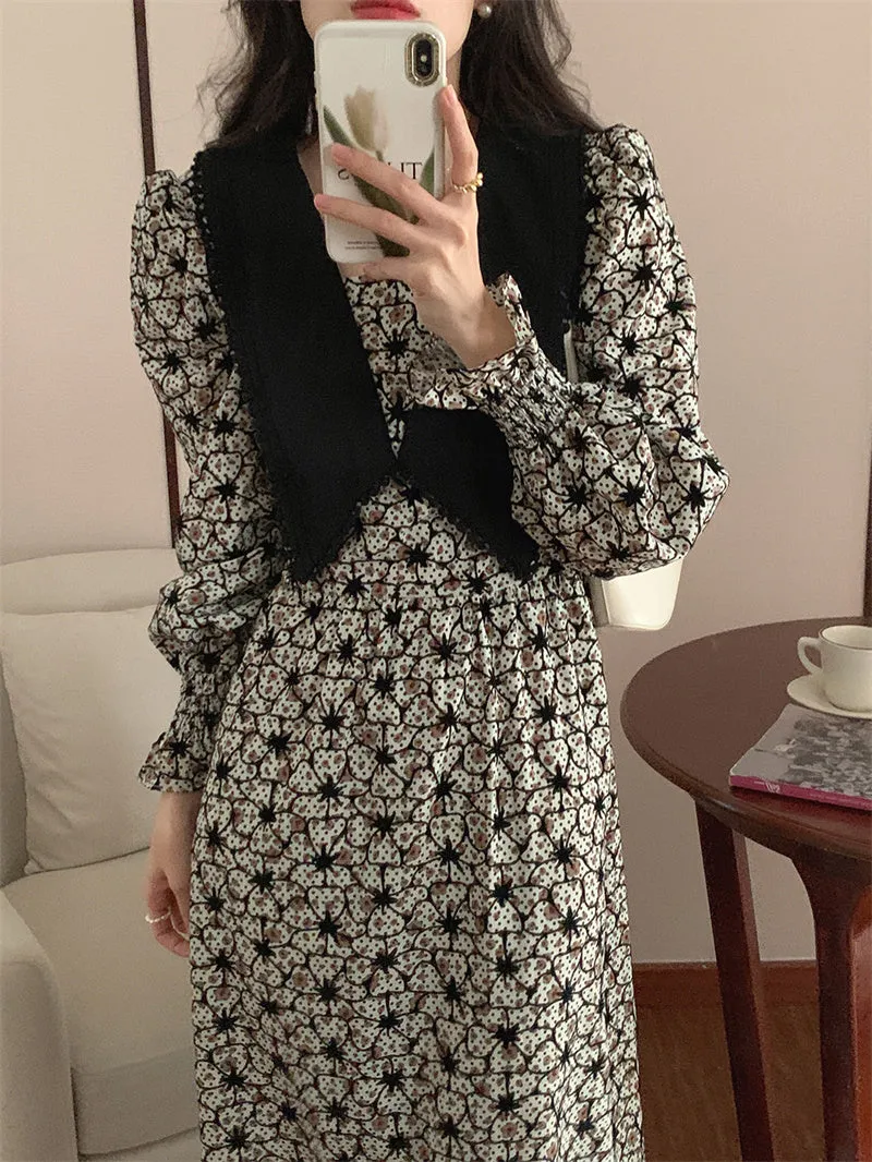 Wjczt 2022 New Floral Chiffon Dresses Women Spring Loose Elegant Doll Collar Dress Female Korean Sweet Puff Sleeve Dresses