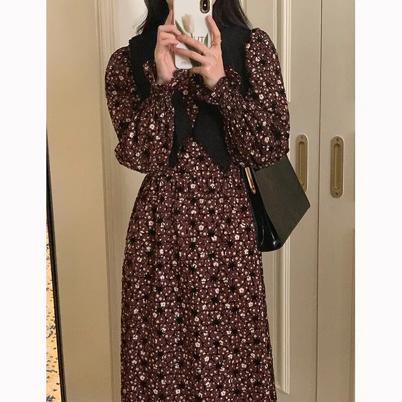 Wjczt 2022 New Floral Chiffon Dresses Women Spring Loose Elegant Doll Collar Dress Female Korean Sweet Puff Sleeve Dresses