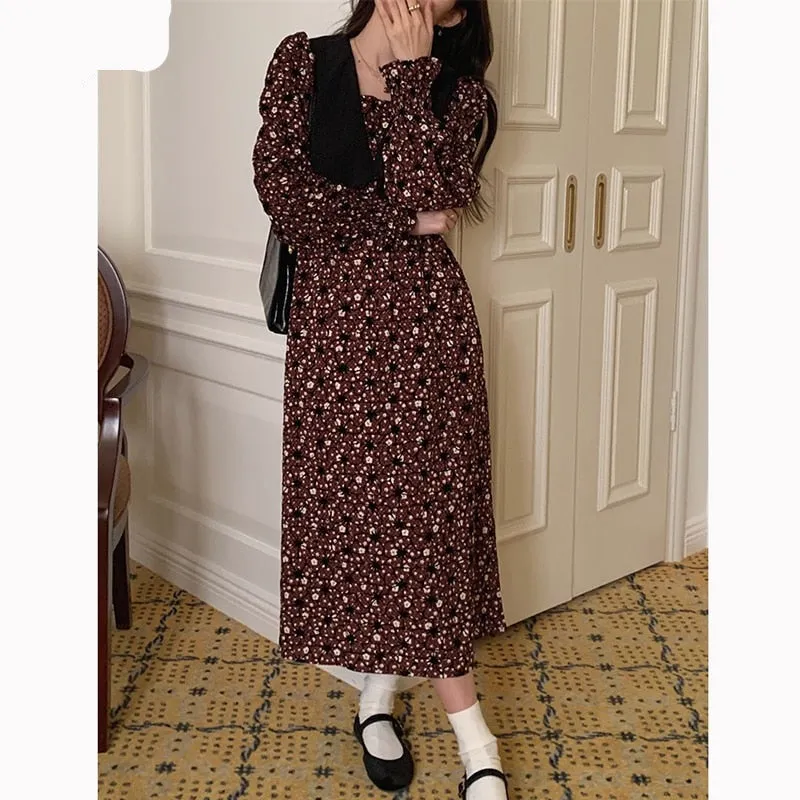 Wjczt 2022 New Floral Chiffon Dresses Women Spring Loose Elegant Doll Collar Dress Female Korean Sweet Puff Sleeve Dresses