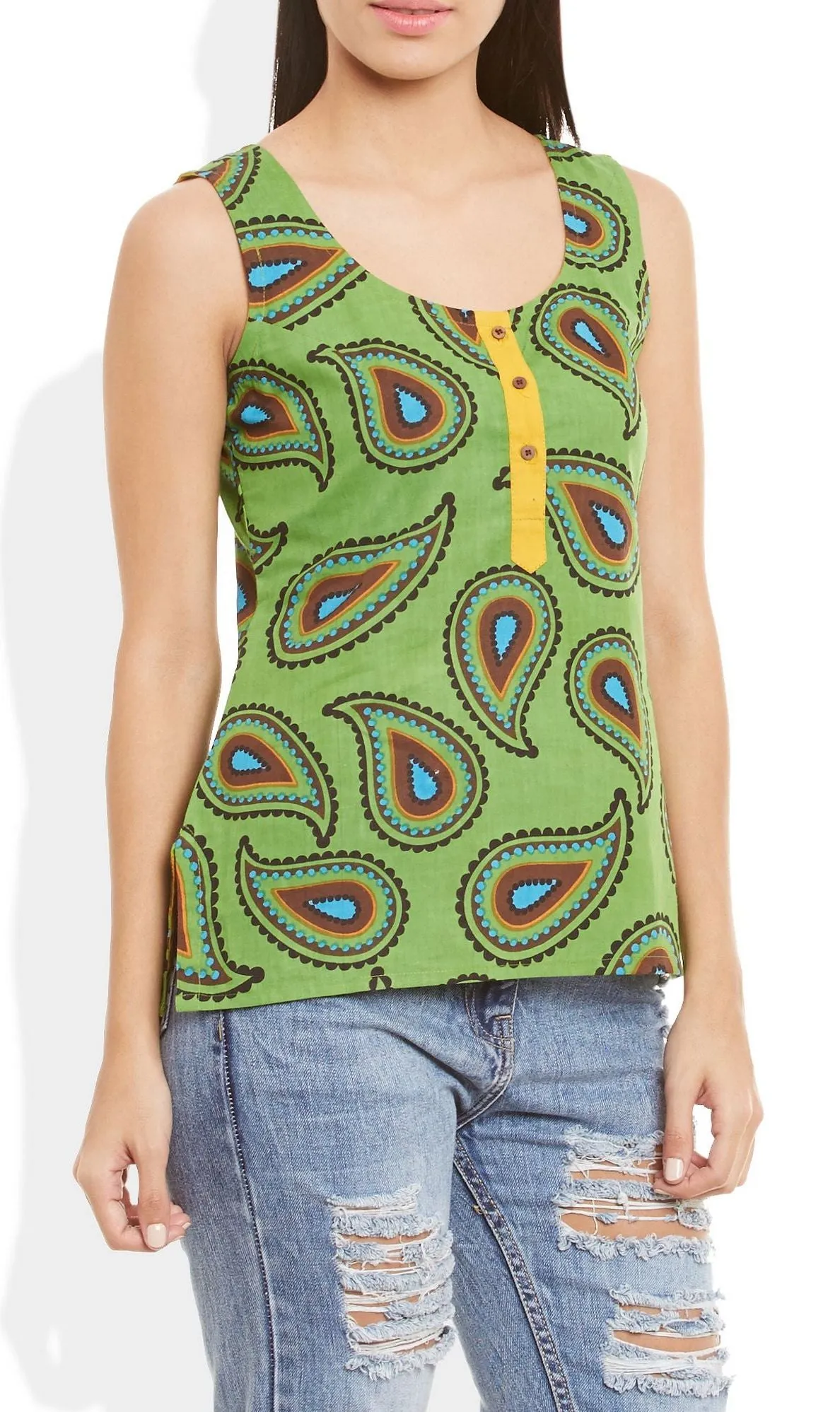 Womens Cotton Printed Short Top Kurti Sleeveless With Contrast Placket And Buttons,Large,W-CST36-3101