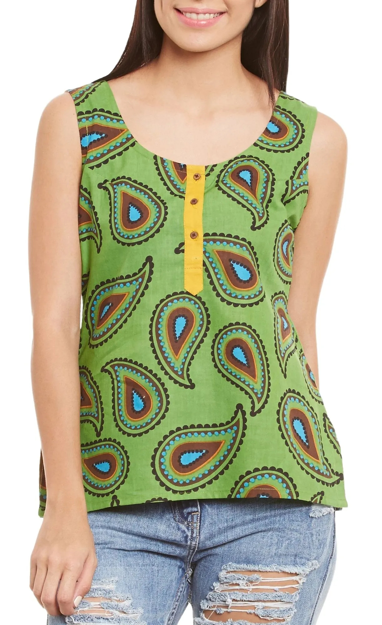 Womens Cotton Printed Short Top Kurti Sleeveless With Contrast Placket And Buttons,Large,W-CST36-3101