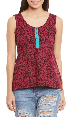 Womens Cotton Printed Short Top Kurti Sleeveless With Contrast Placket And Buttons,Large,W-CST36-3115