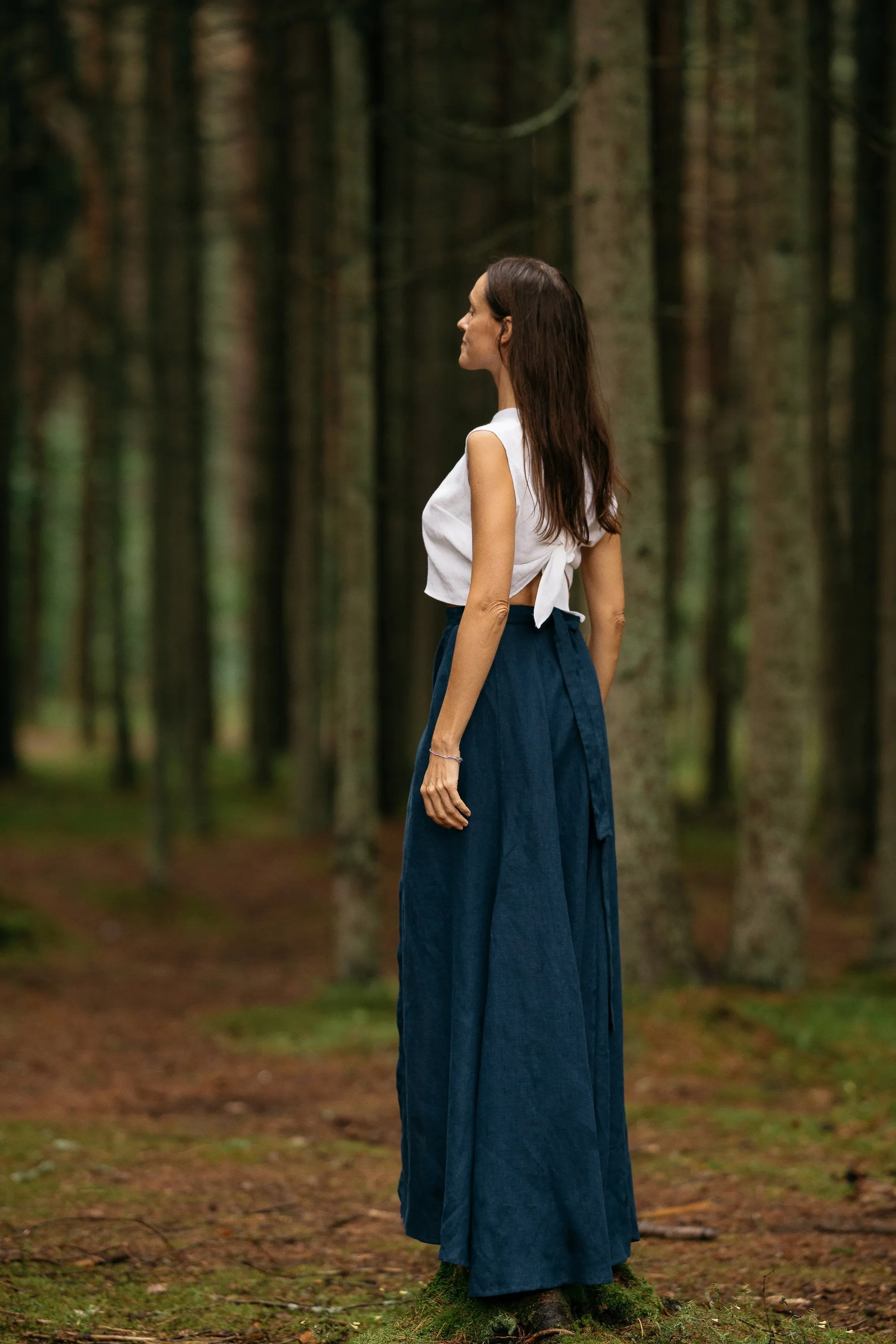 Wrap Linen MAXI Skirt In Midnight Blue