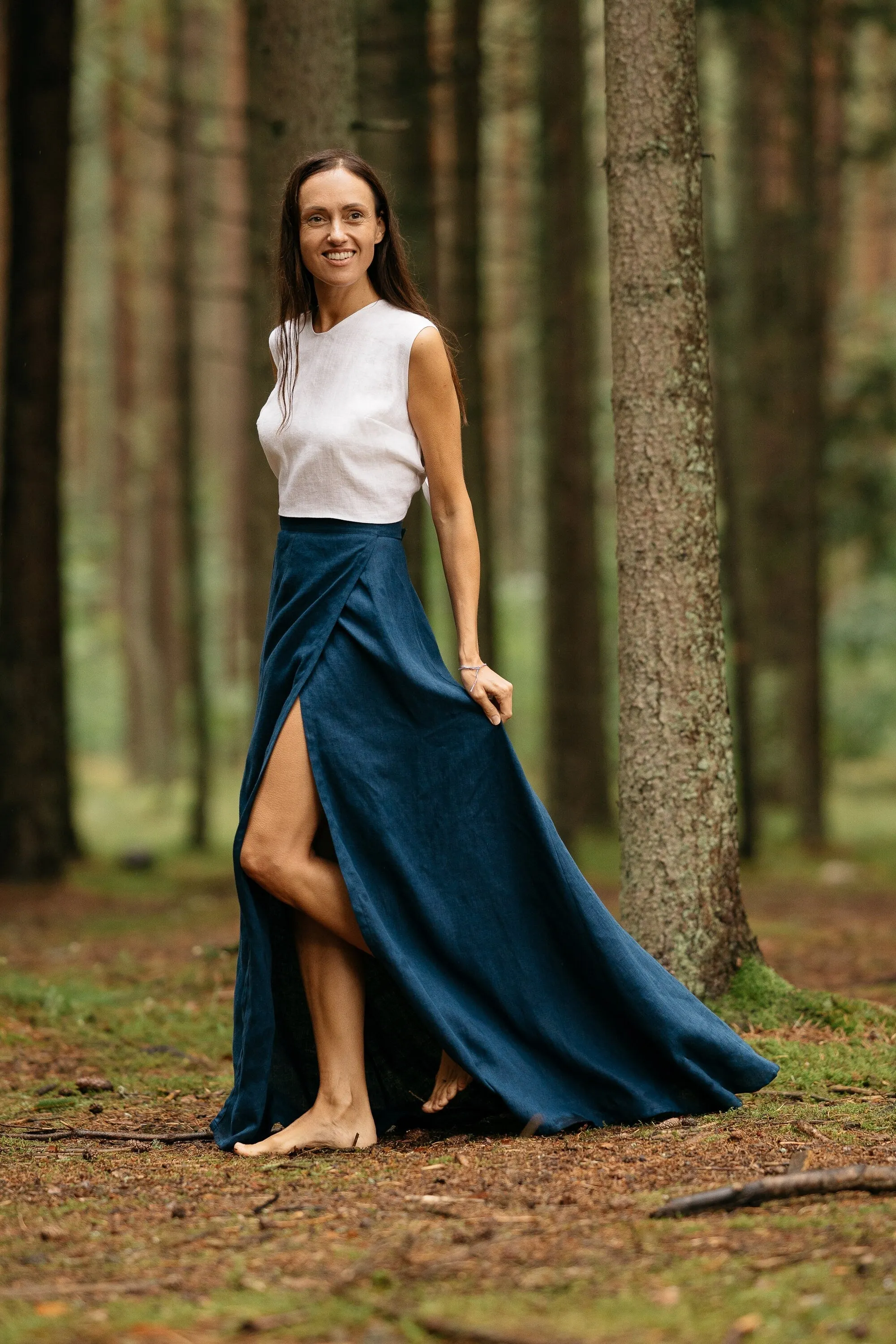 Wrap Linen MAXI Skirt In Midnight Blue