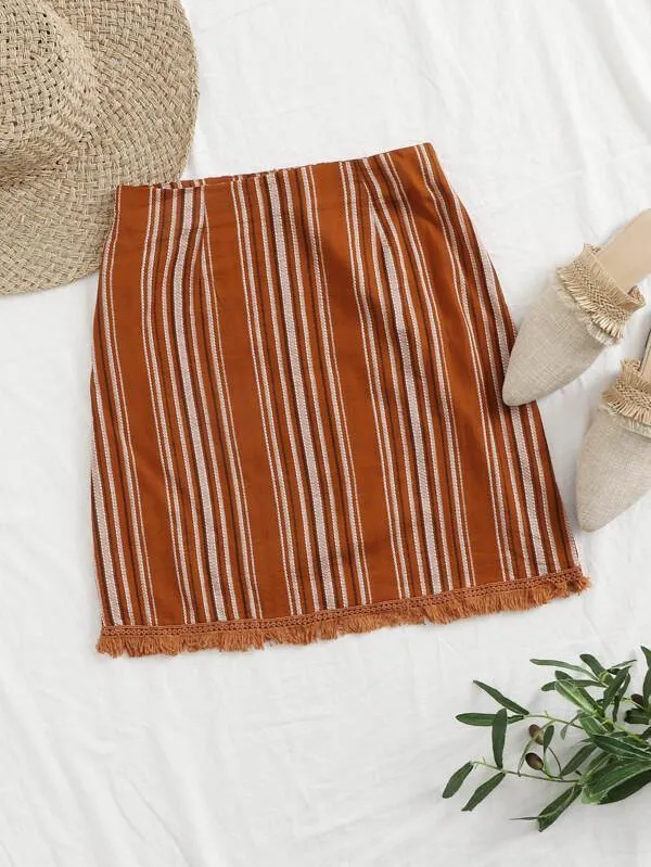 Zip Back Raw Hem Striped Skirt